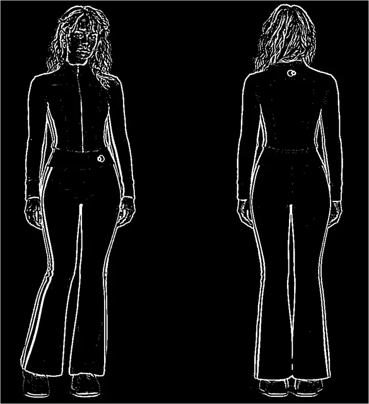 The front view as white contour lines on black, the stripes traced from collar to hem