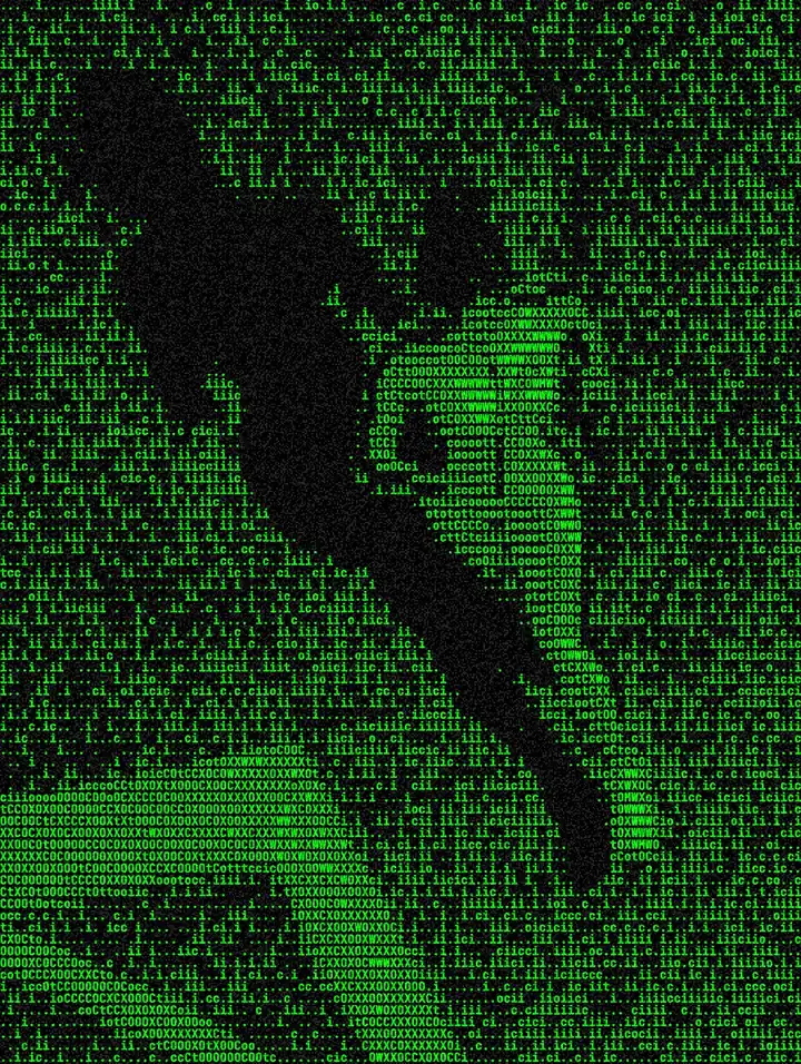 The seated portrait redrawn in green characters on black