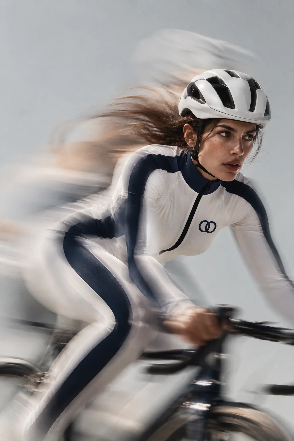 A rider at speed on a road bike in the ORBIT ONE jumpsuit: white with navy Orbit Panels down the sides, a navy collar and the Moontians double-ring mark on the chest, under a white helmet