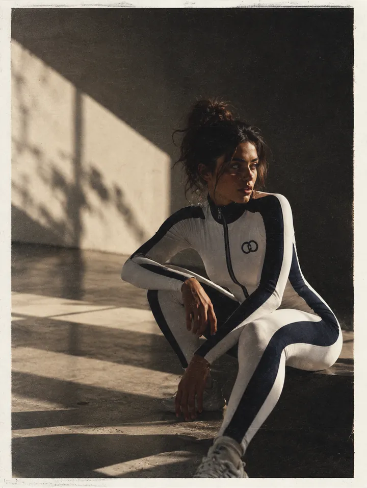 Seated in low sun in the ORBIT ONE jumpsuit