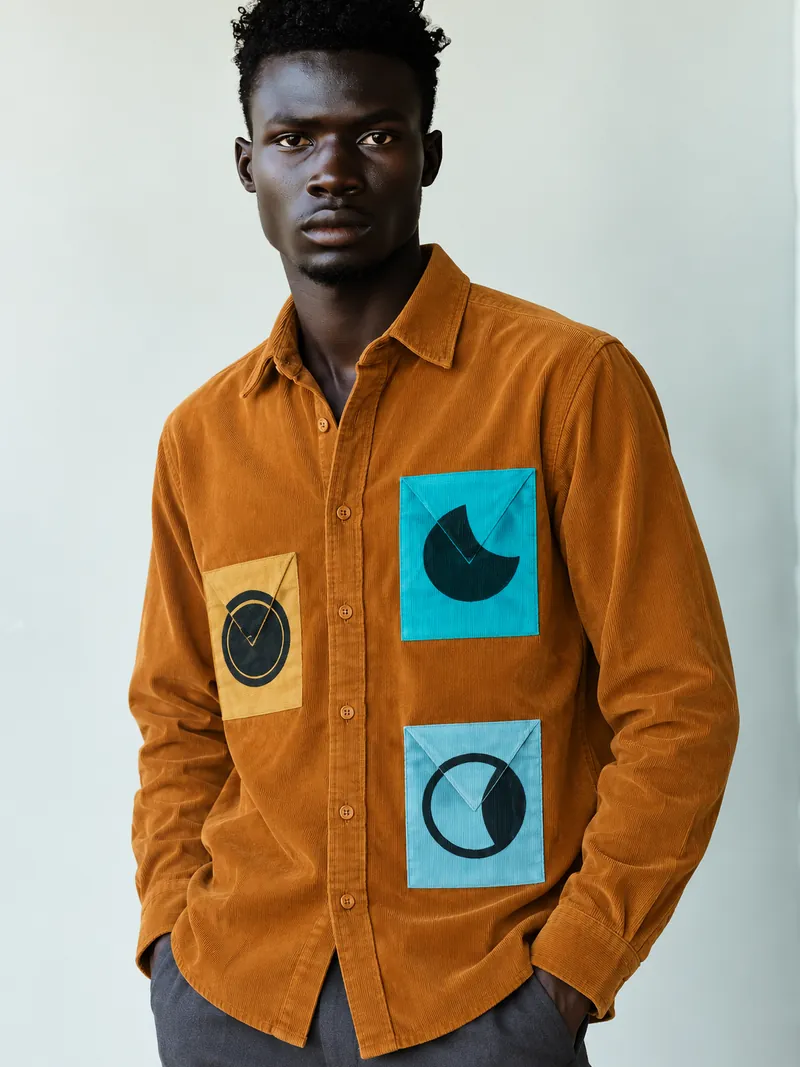 A Moontian in the ochre moon-phase patch shirt