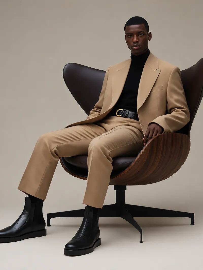 A Moontian in a camel suit and black roll-neck, seated in a leather chair