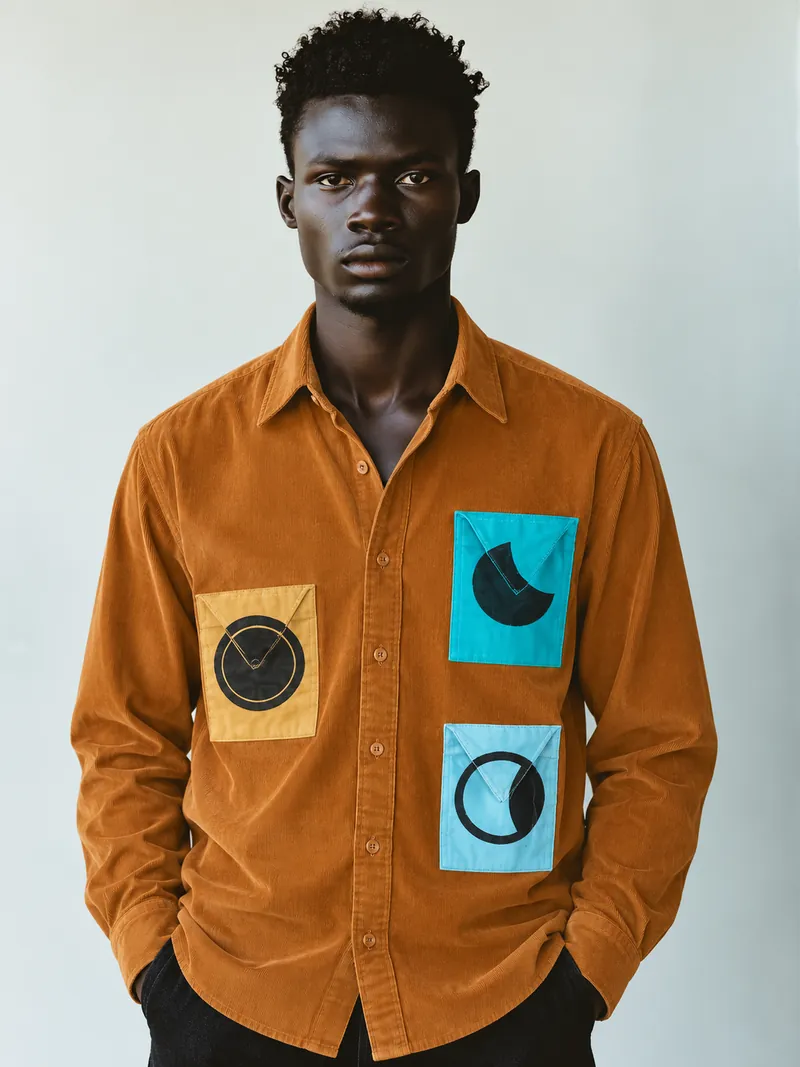 A Moontian in the ochre moon-phase patch shirt