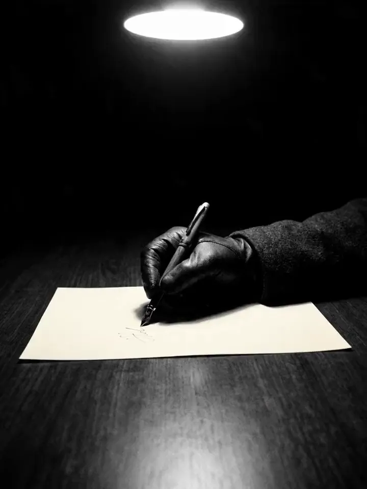 A gloved hand signing with a fountain pen