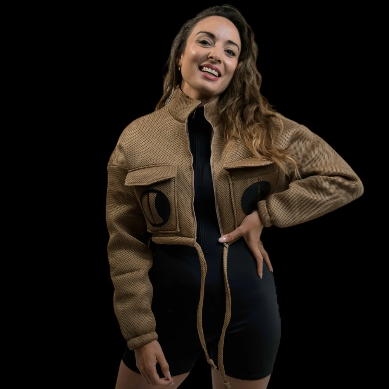 A Moontian on black in the tan jacket with moon-phase pockets