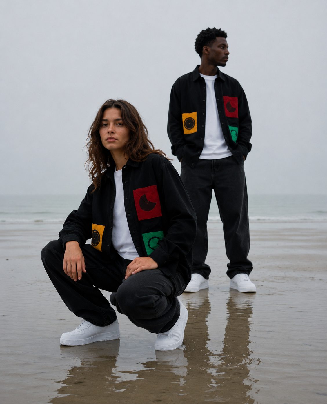 Two models on the shoreline in the SS26 Tri-Phase shirt, moon-phase pockets in red, yellow and green