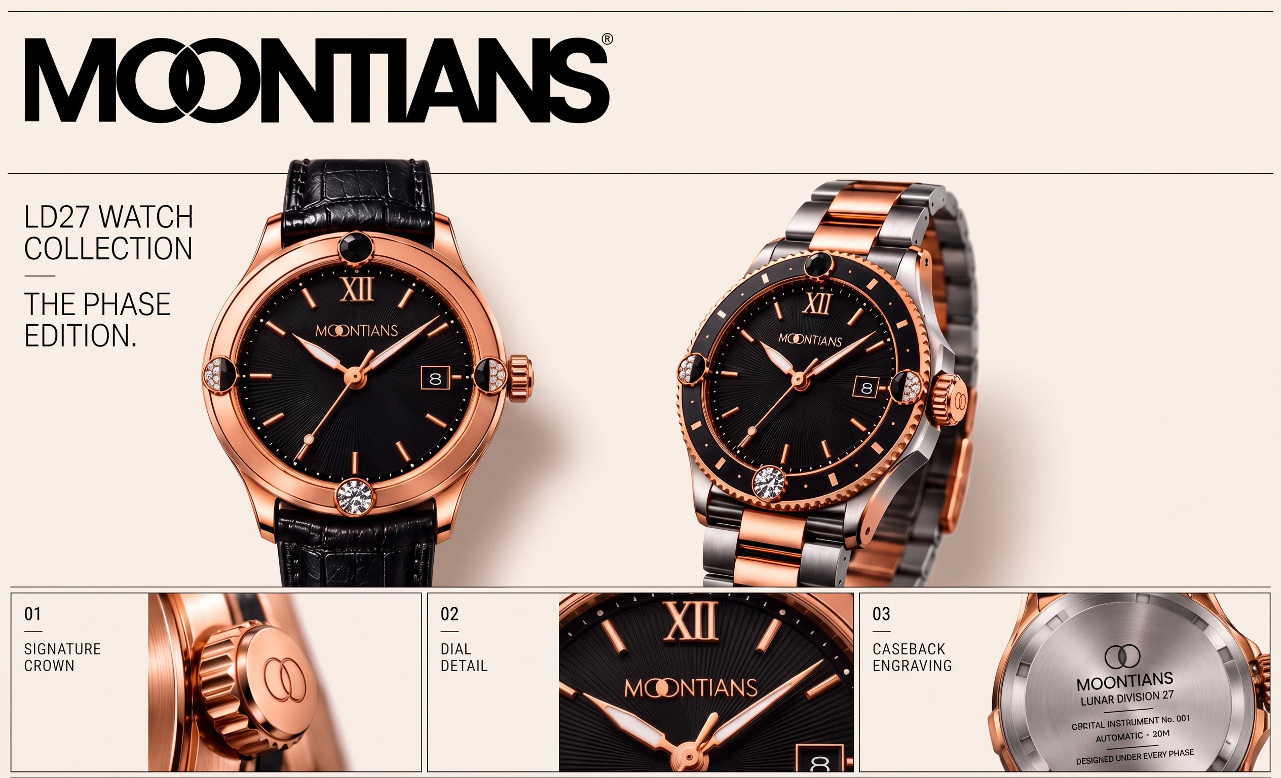 Moontians LD27 Watch Collection, The Phase Edition: a rose-gold watch on a black leather strap and a two-tone steel and rose-gold bracelet watch, with close-ups of the signature crown, the dial and the engraved caseback.