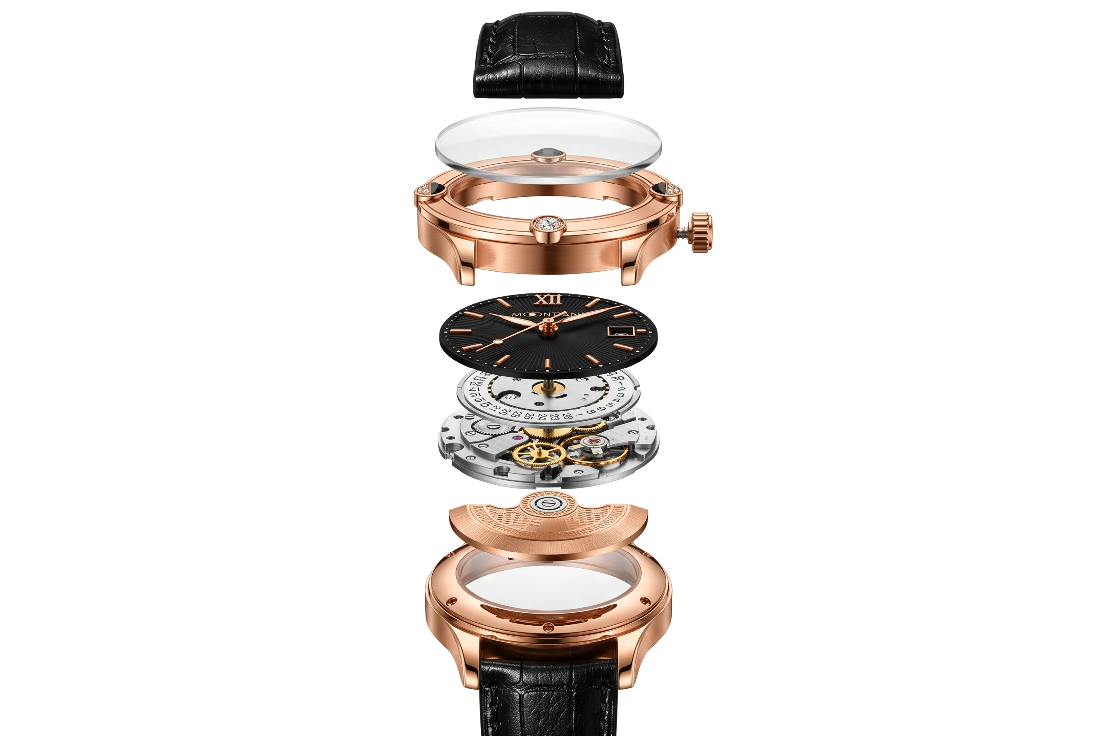 Technical exploded render of the LD27 black leather model: strap, crystal, rose-gold case, dial, movement, rotor and caseback stacked on one axis.