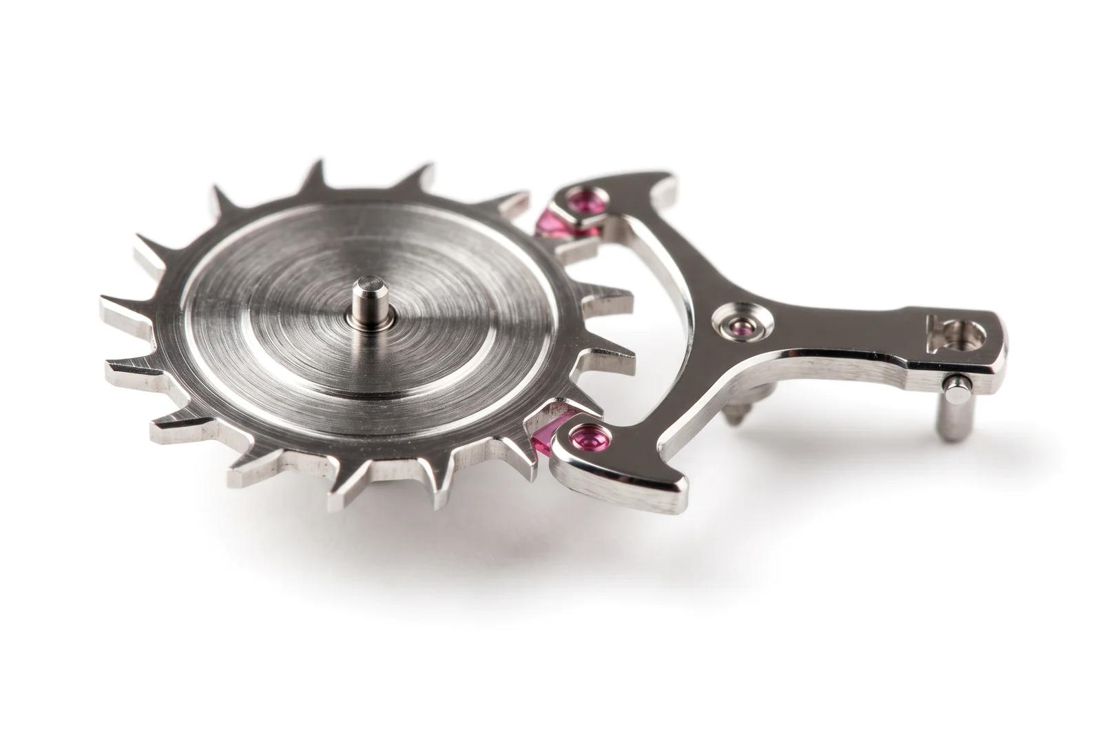 Escapement: Escape wheel and lever, jewelled pallets.