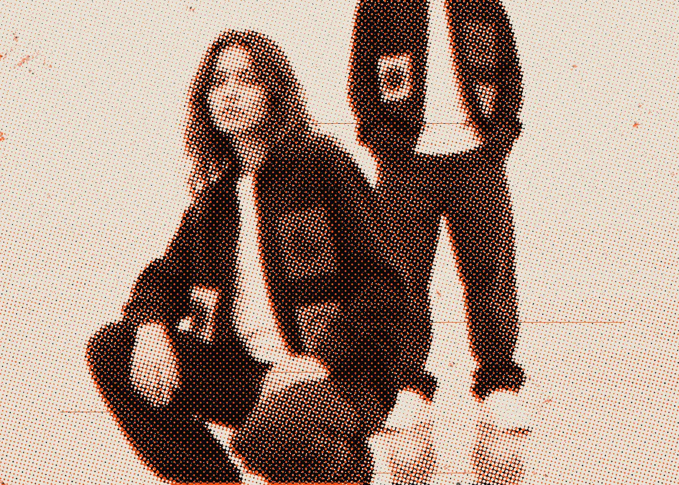 Two Moontians on the shoreline, printed in orange and paper halftone