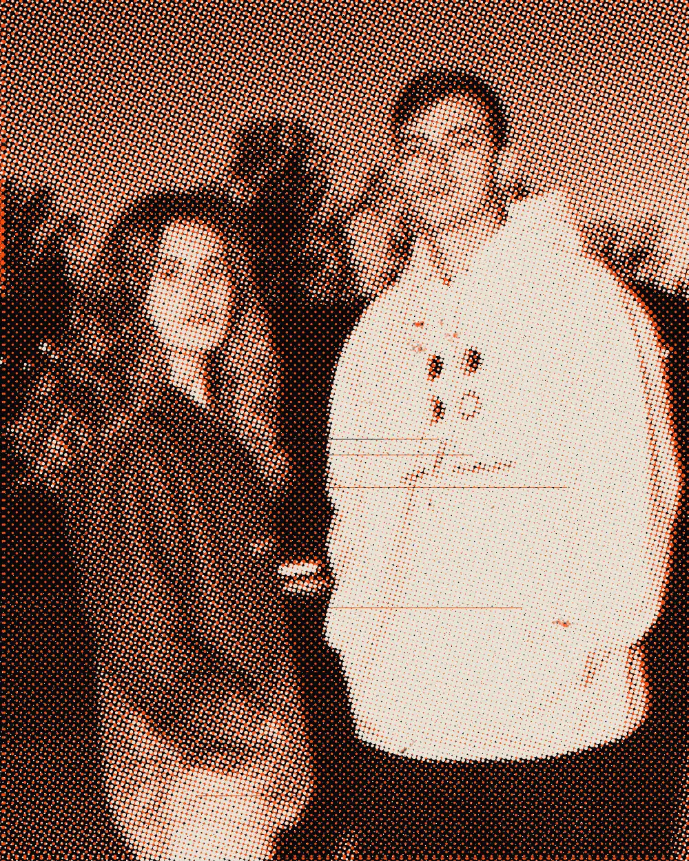 Two Moontians under the night sky, printed in orange and paper halftone