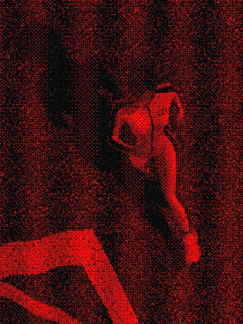 Orbital Panel Jumpsuit in red halftone, mid-run
