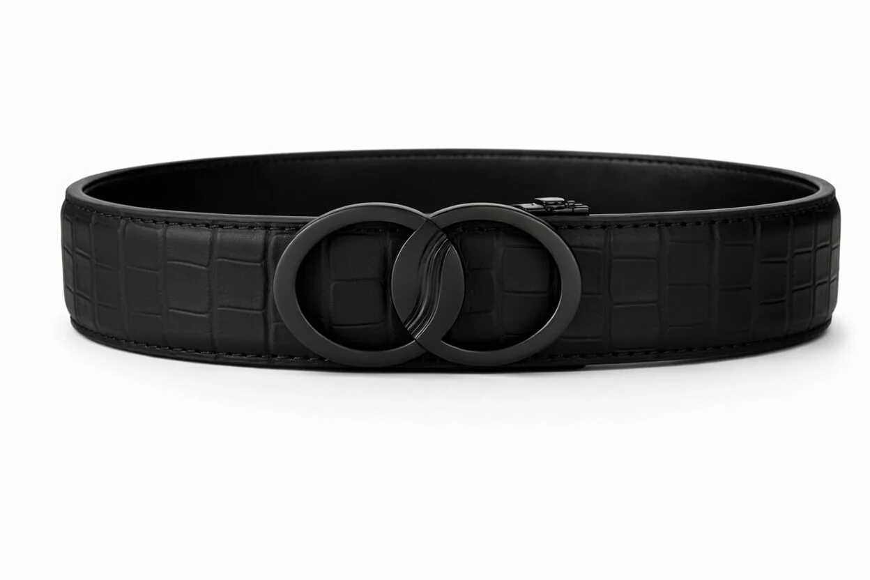 Stealth Eclipse belt: black croc-grain leather with an all matte black dual moon buckle