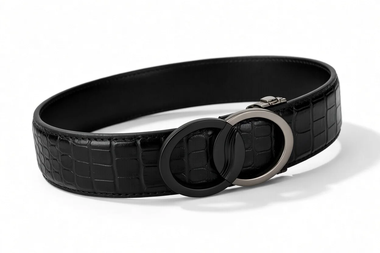 Eclipse Emblem belt: black croc-grain leather with a matte black and silver dual moon buckle