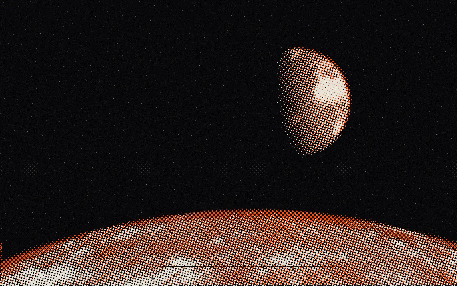 Earth rising over the lunar horizon, printed as an orange halftone